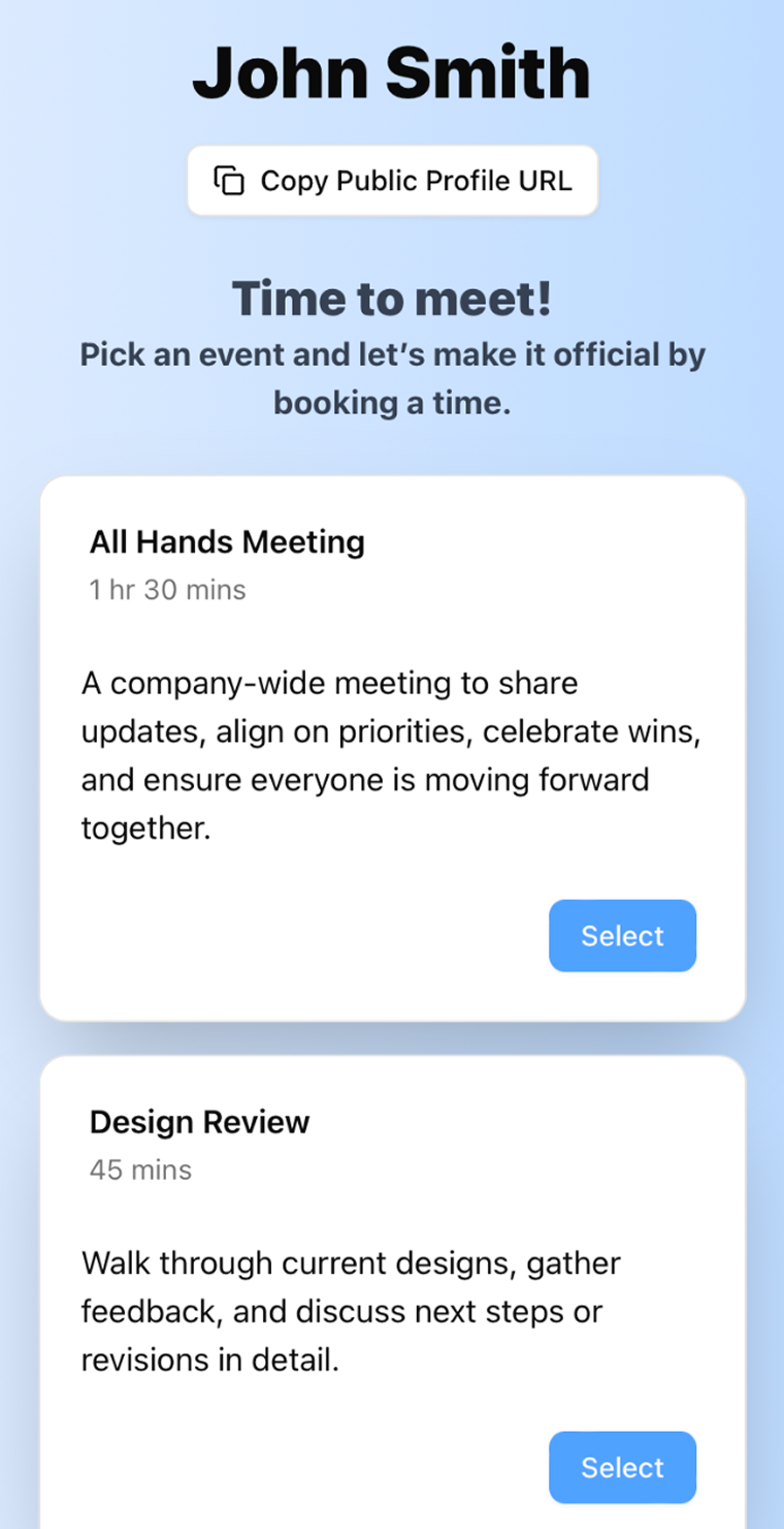 screenshot of the calendra booking page.